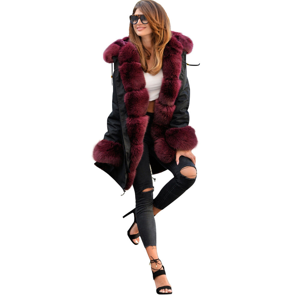 Fashionable European And American Slim Fit Warm Fur Collar Hooded Coat