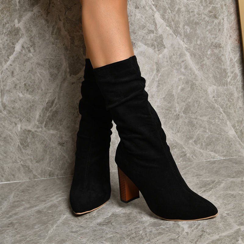 Pointed Toe High Block Heel Boots