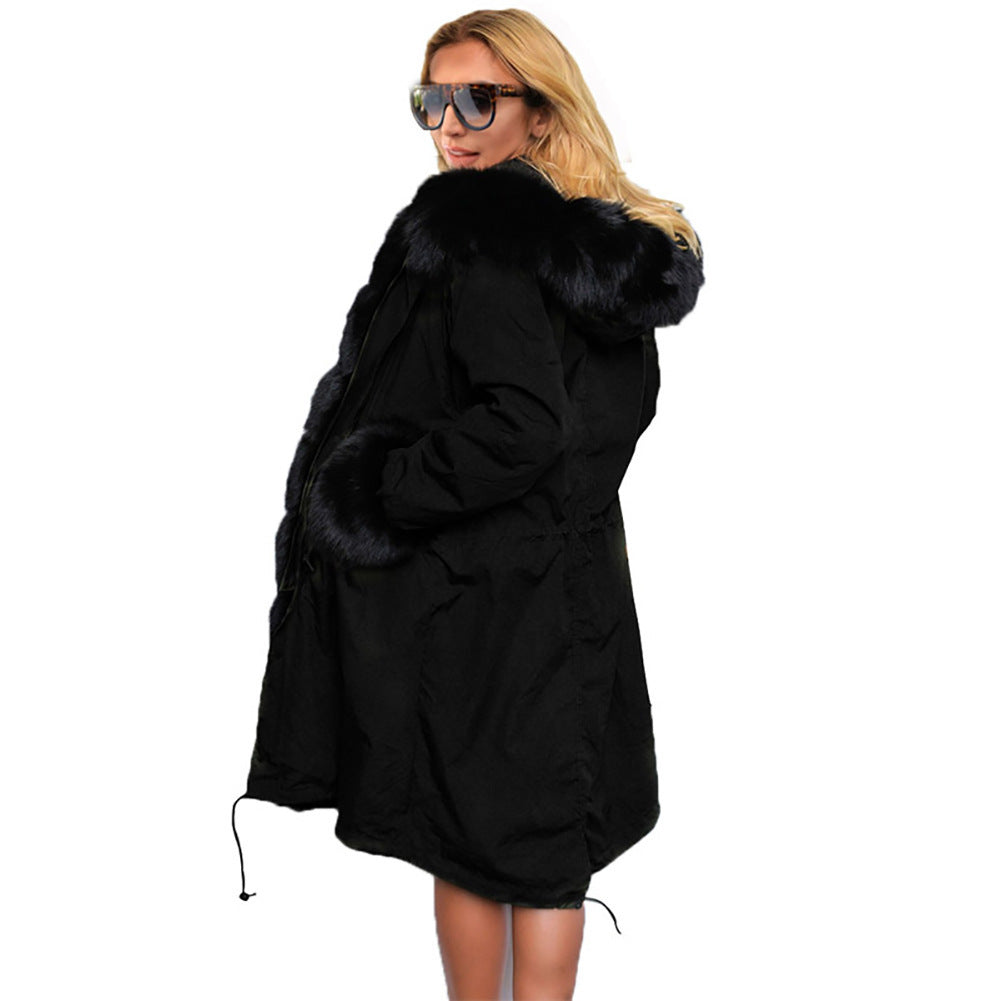 Fashionable European And American Slim Fit Warm Fur Collar Hooded Coat