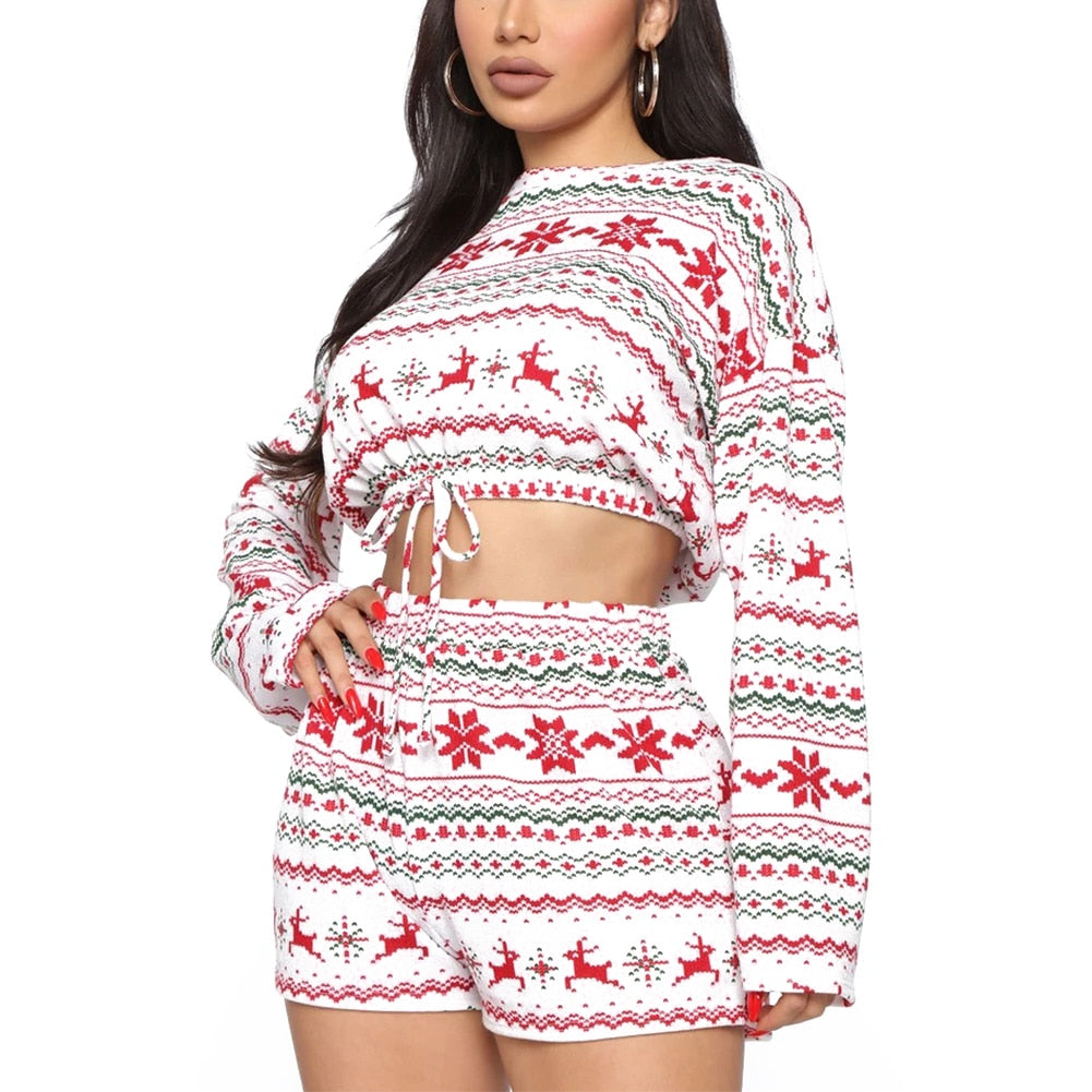 Christmas Pajama Sets Long Sleeve Crop Top Shorts 2Pcs