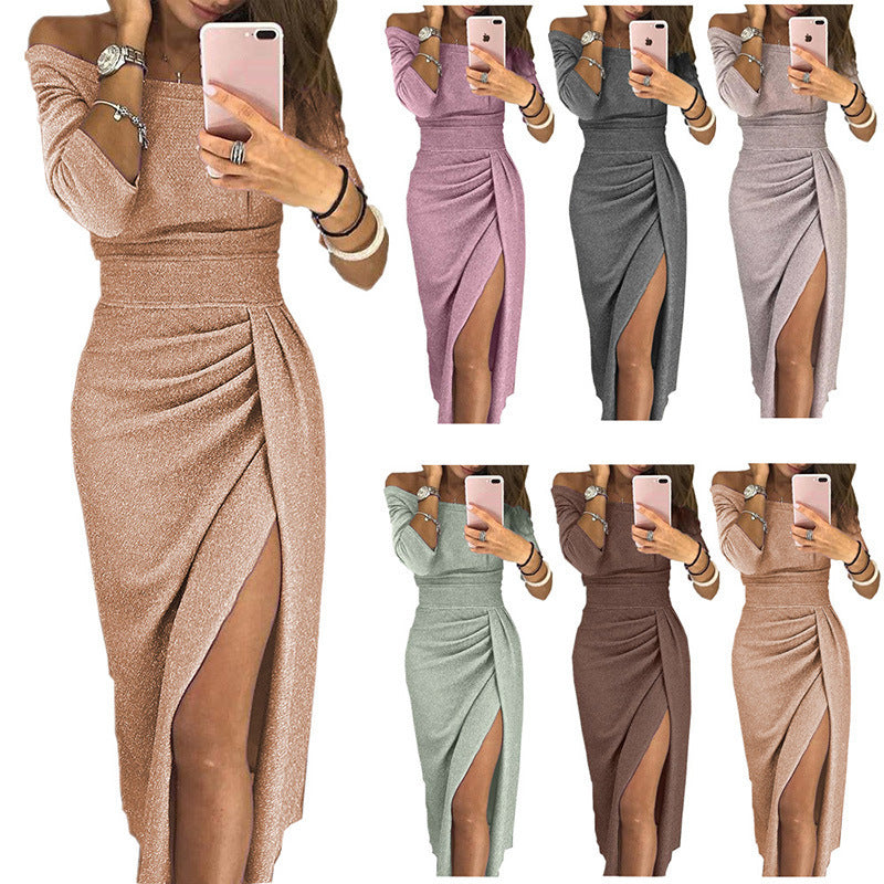 Bodycon Sexy Off Shoulder Party Dinner sequin Dress Elegant Long-sleeved