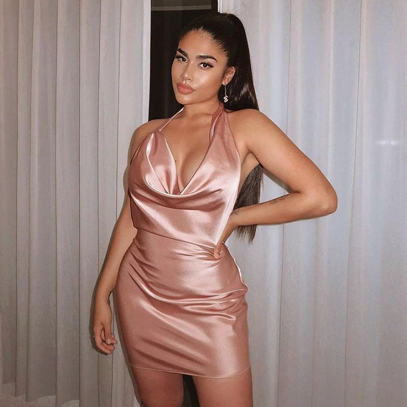 Satin V Neck Backless Dress