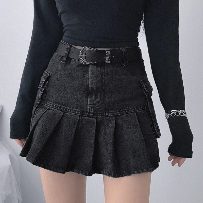 Denim Pleated Skirt High Waist Skirt