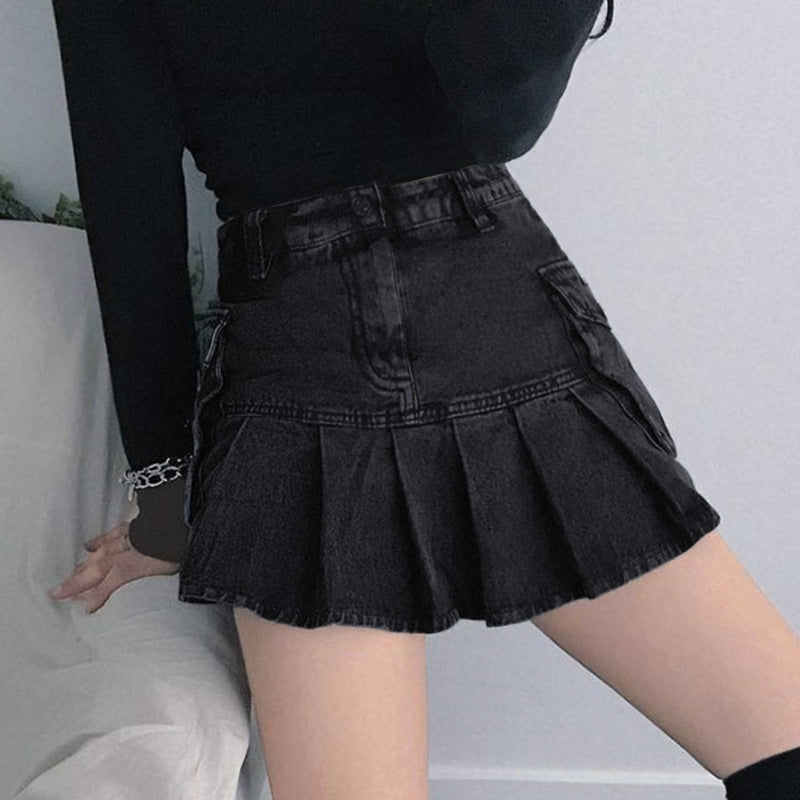 Denim Pleated Skirt High Waist Skirt