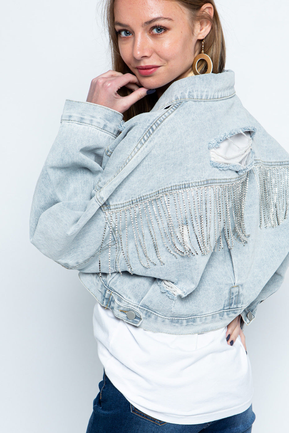 Ripped Rhinestone Tassel Long Sleeve Denim Jacket