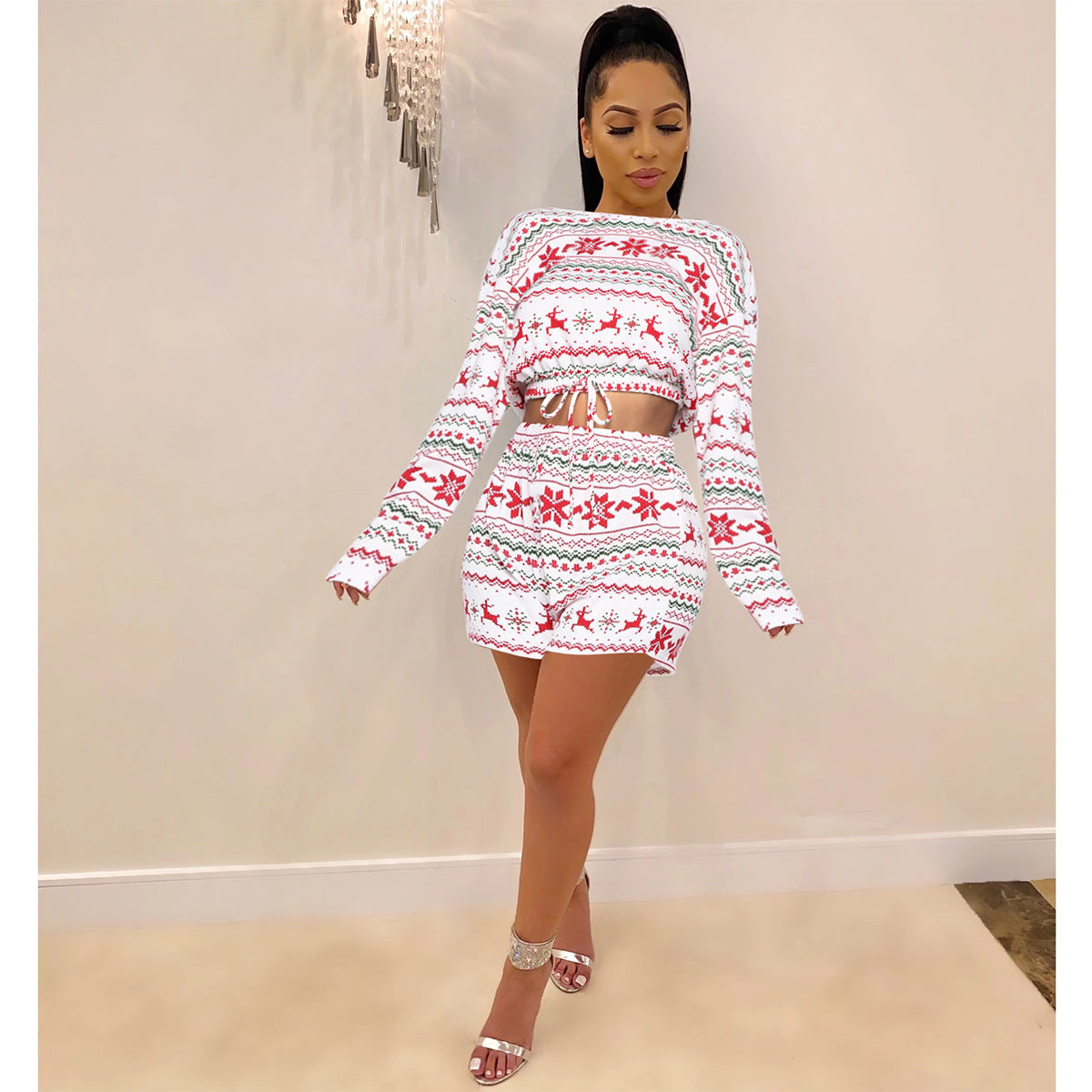 Christmas Pajama Sets Long Sleeve Crop Top Shorts 2Pcs