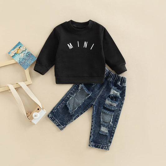 Children's Denim Letter Long Sleeve Two-piece Set