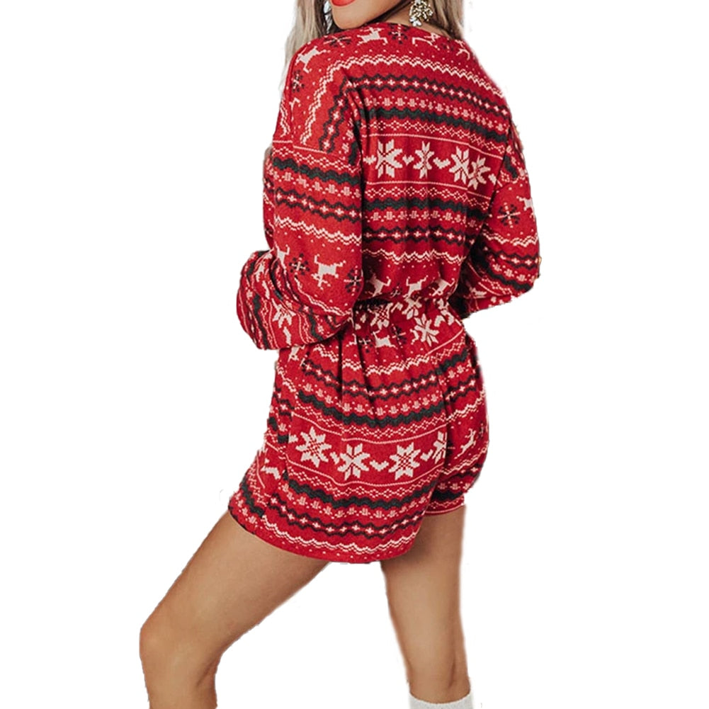 Christmas Pajama Sets Long Sleeve Crop Top Shorts 2Pcs