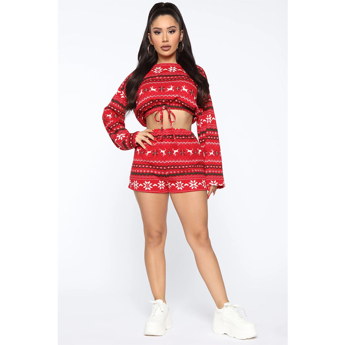 Christmas Pajama Sets Long Sleeve Crop Top Shorts 2Pcs