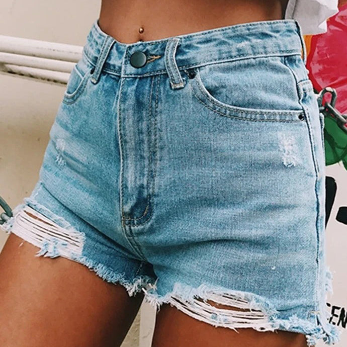 Hole stretch denim shorts