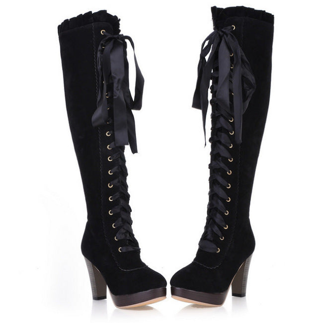 Velvet Strappy High Heel Tall Boots