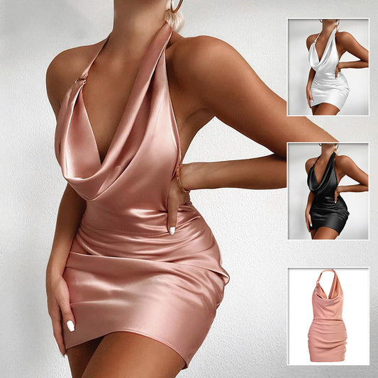 Satin V Neck Backless Dress