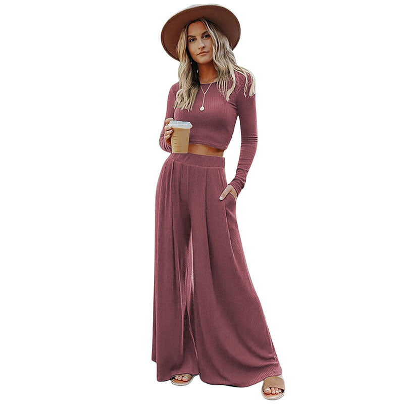 Women's Long Sleeve Fashion Sexy Top Casual Wide Leg Pants Set