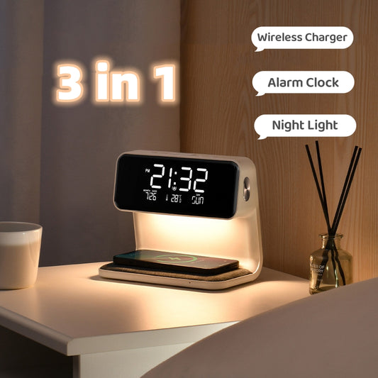 3 In 1 Bedside Lamp, Wireless Charging, LCD Screen Alarm Clock