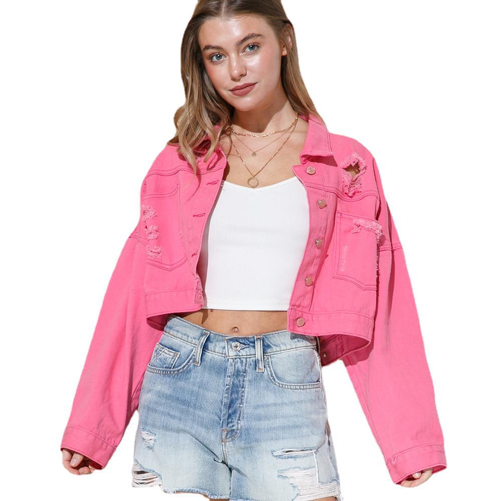 Ripped Rhinestone Tassel Long Sleeve Denim Jacket