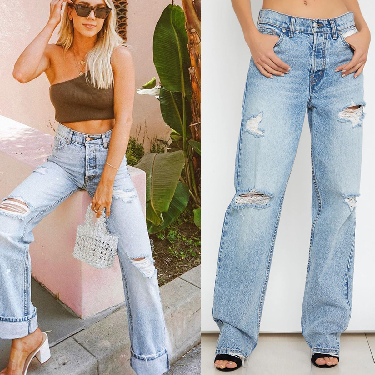 High Waist Ripped Loose Denim