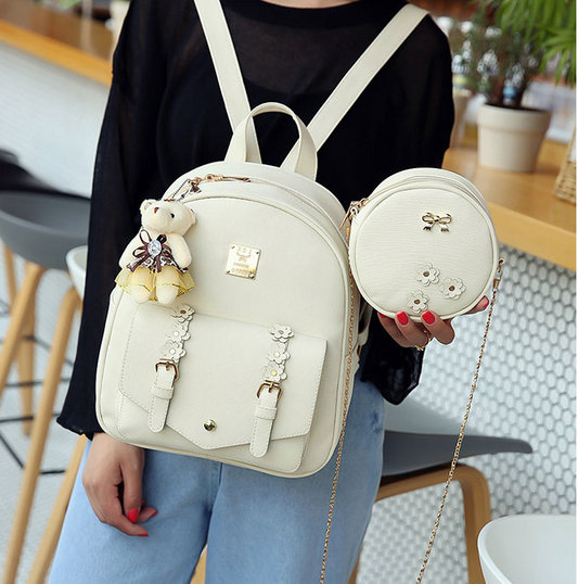 Fashion 3pcs Leather Backpack & Flowers Purse