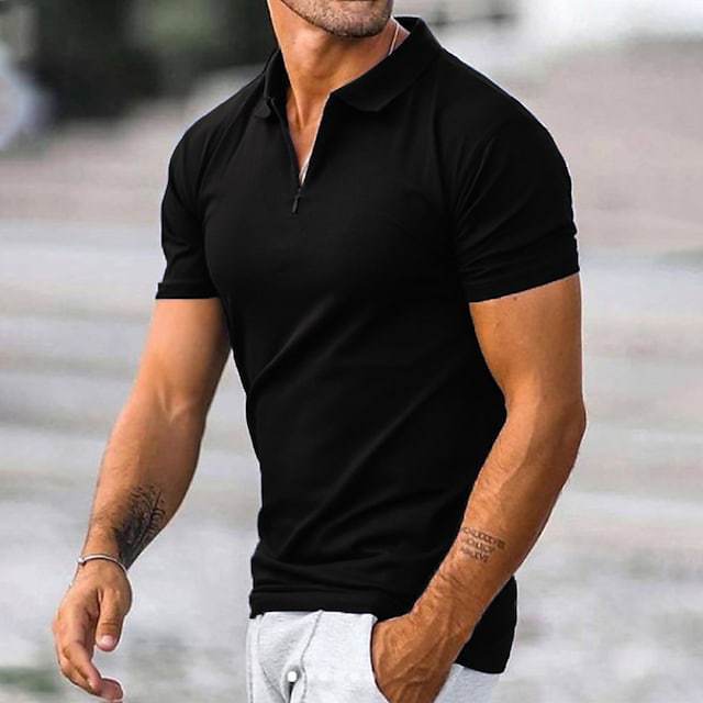 Short Sleeved Solid Color Zippered T Shirt