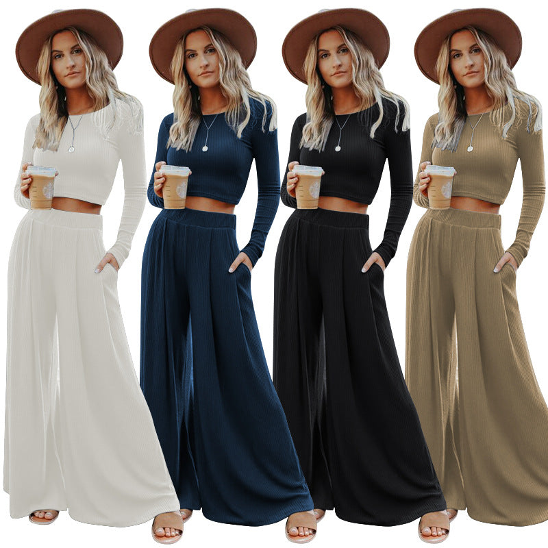 Women's Long Sleeve Fashion Sexy Top Casual Wide Leg Pants Set