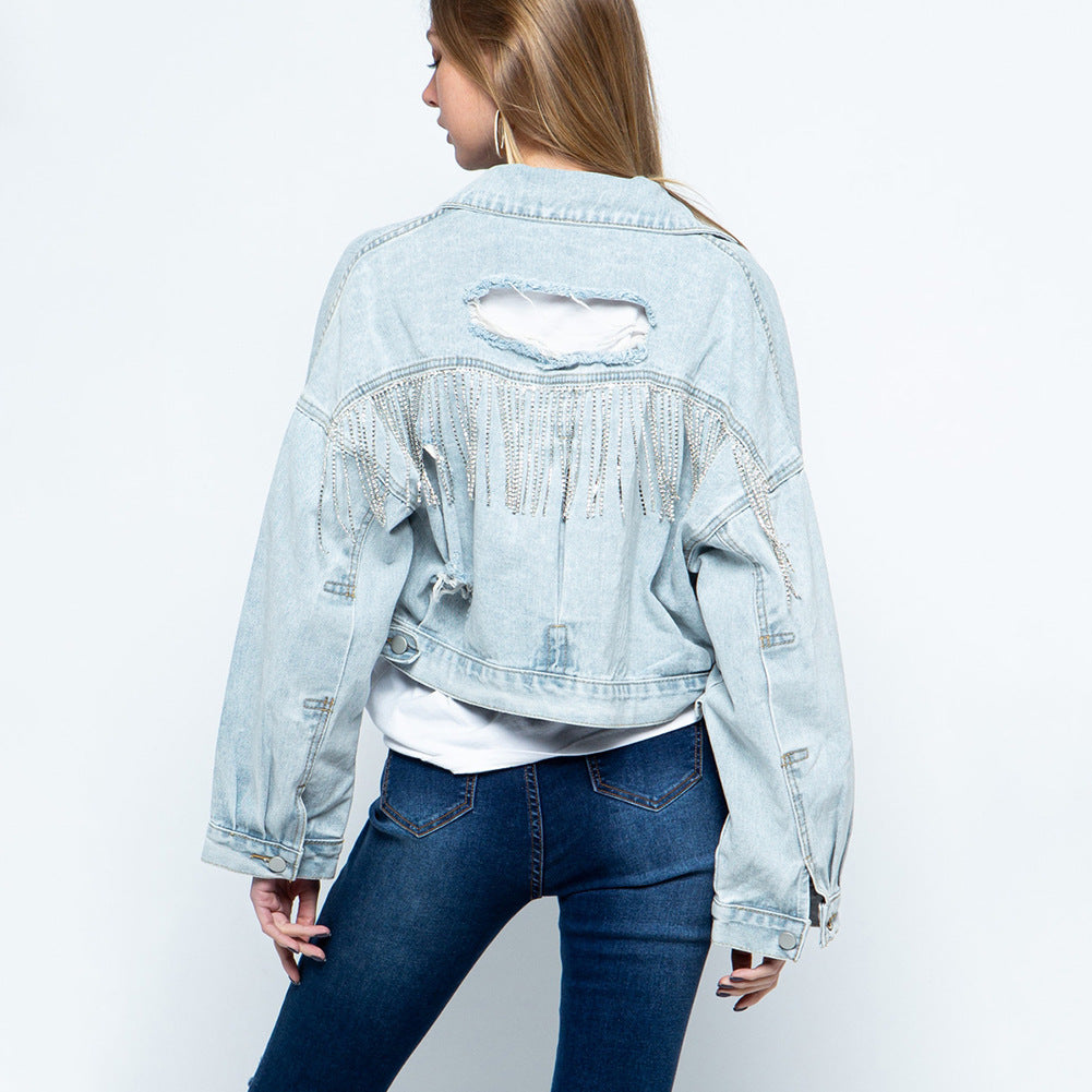 Ripped Rhinestone Tassel Long Sleeve Denim Jacket