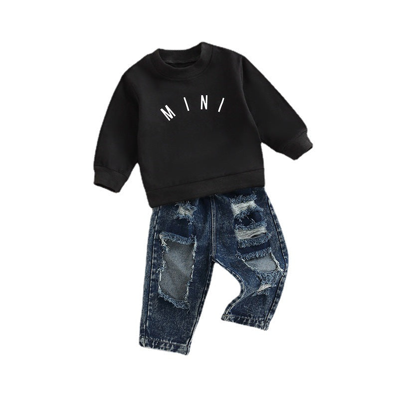 Children's Denim Letter Long Sleeve Two-piece Set