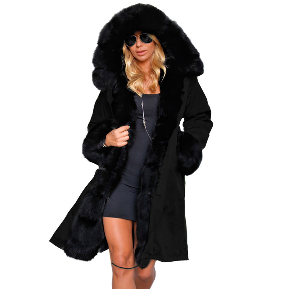 Fashionable European And American Slim Fit Warm Fur Collar Hooded Coat