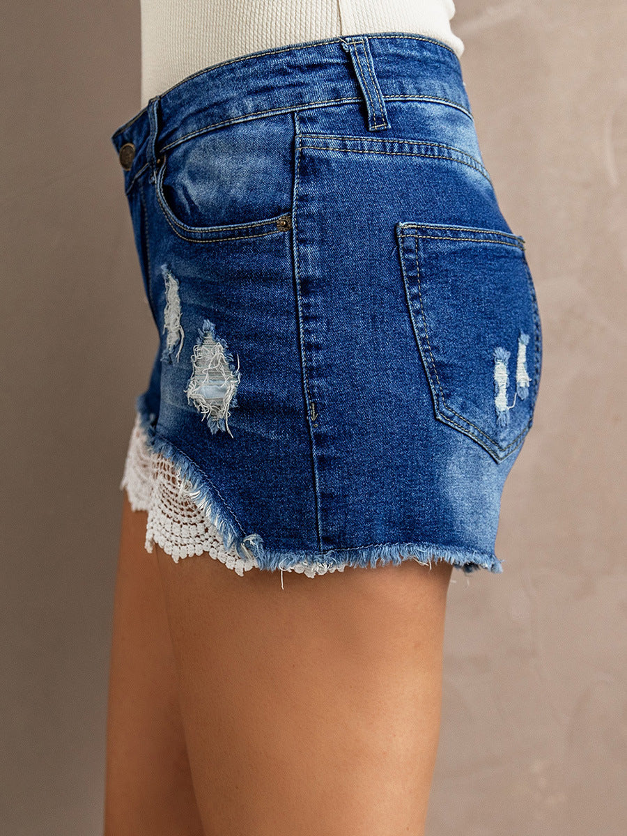 Lace Hem Denim Shorts Washed And Frayed Shorts