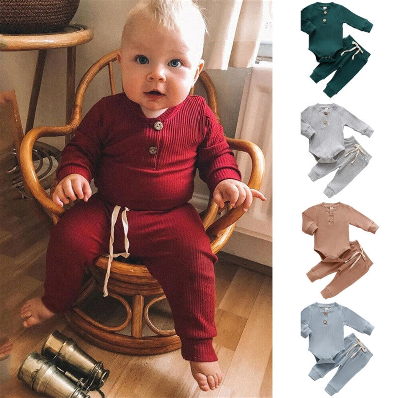 Solid Color Hanging Romper Long Sleeve Baby Set