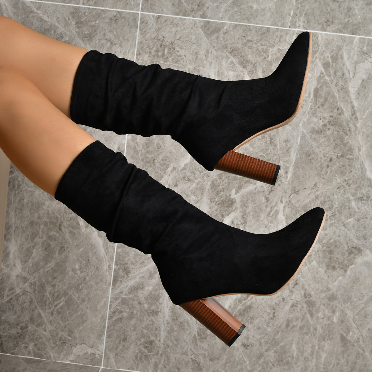 Pointed Toe High Block Heel Boots