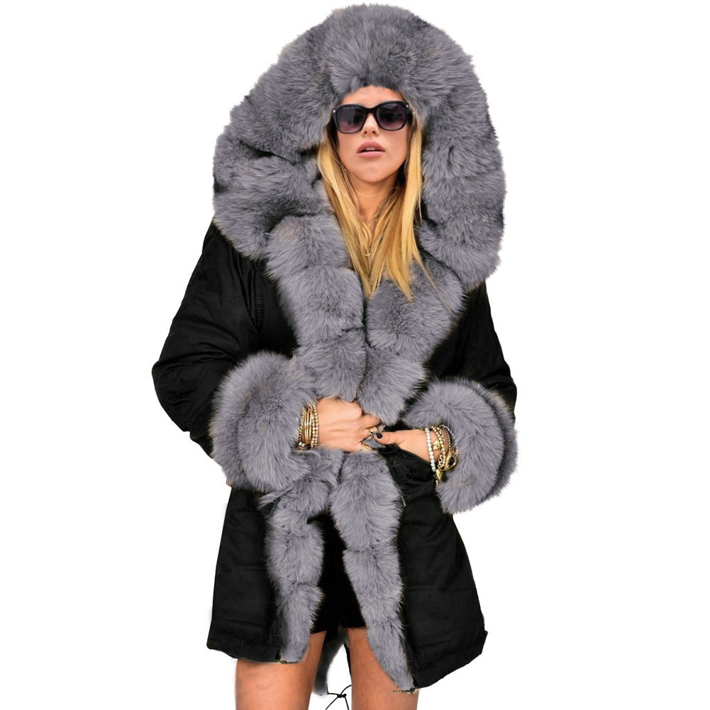 Fashionable European And American Slim Fit Warm Fur Collar Hooded Coat