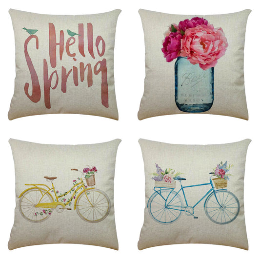 Bicycle Illustration Linen Pillow Cover