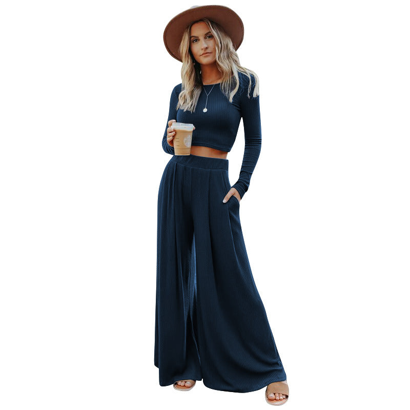 Women's Long Sleeve Fashion Sexy Top Casual Wide Leg Pants Set