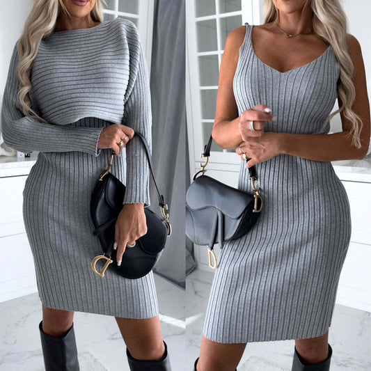 2pcs Suit Women's Solid Stripe Long-sleeved Top and Dress