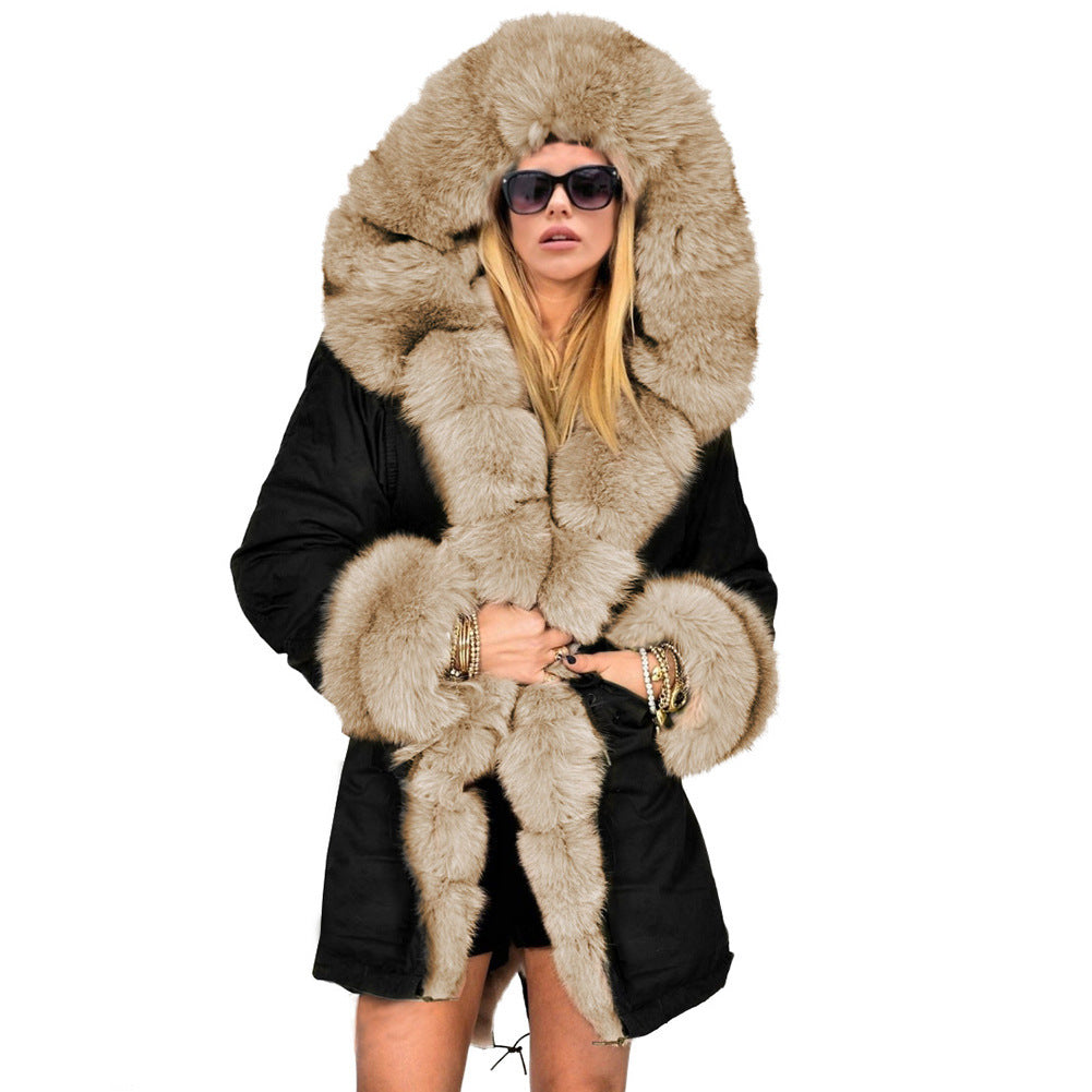 Fashionable European And American Slim Fit Warm Fur Collar Hooded Coat