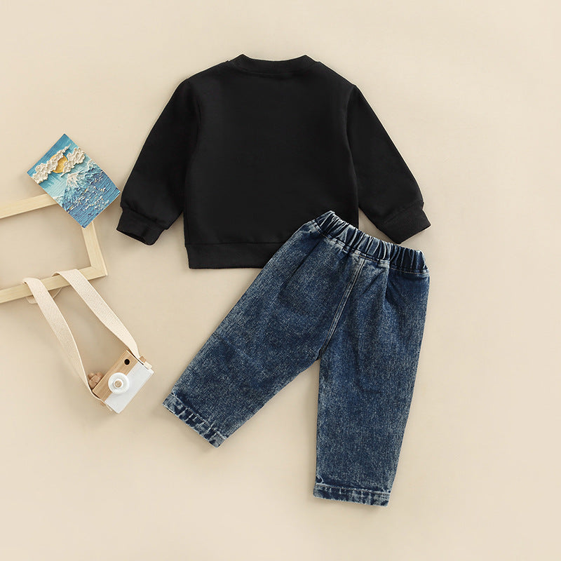 Children's Denim Letter Long Sleeve Two-piece Set