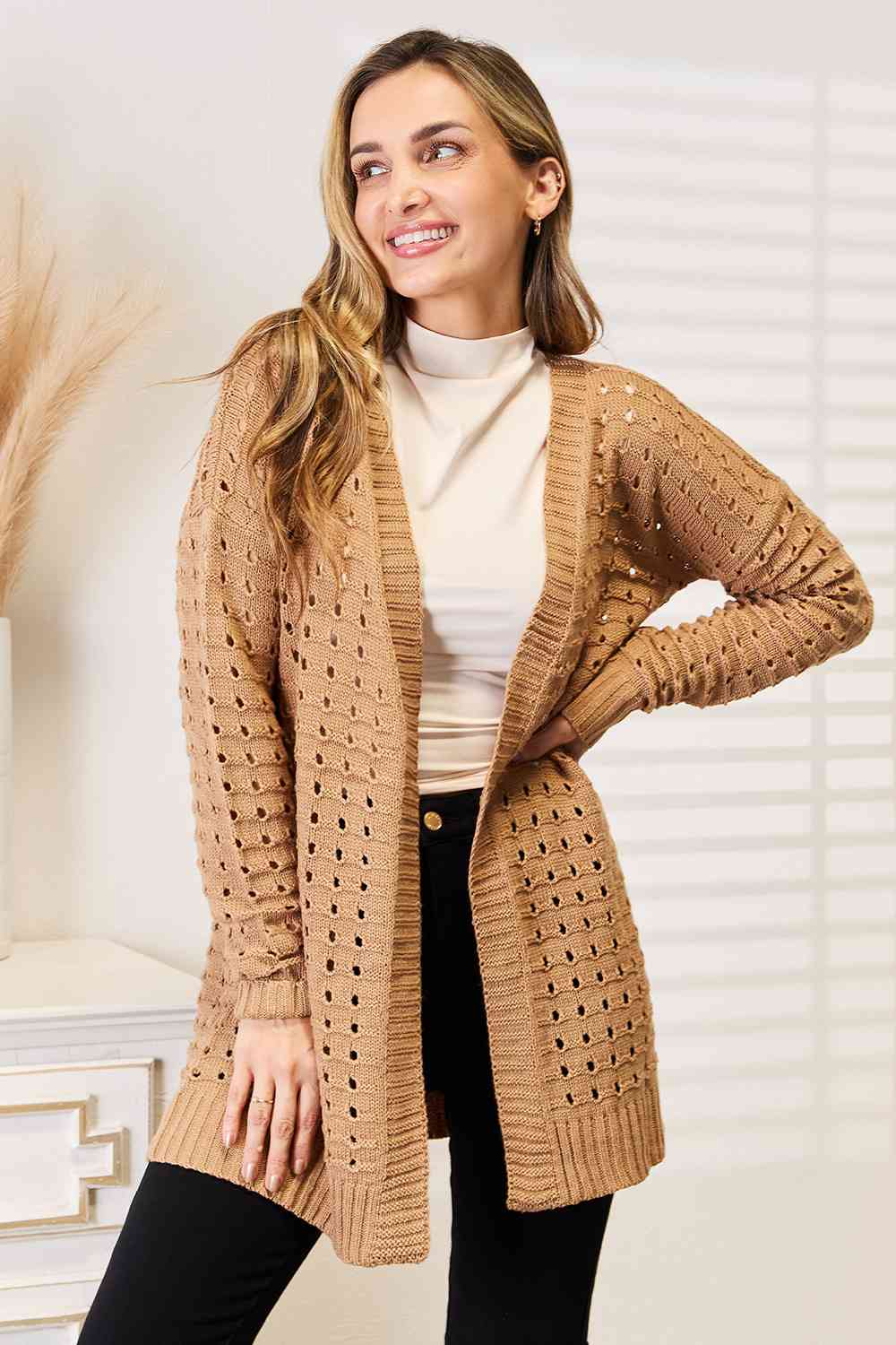 Woven Right Openwork Horizontal Ribbing Cardigan