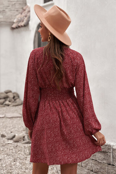 Smocked V-Neck Balloon Sleeve Dress