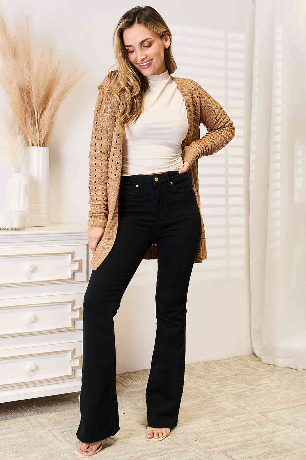 Woven Right Openwork Horizontal Ribbing Cardigan