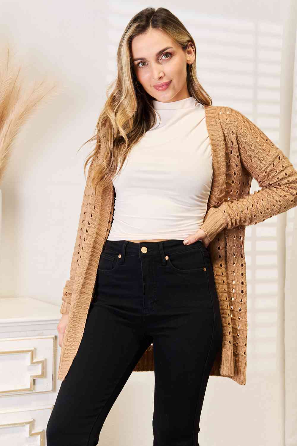 Woven Right Openwork Horizontal Ribbing Cardigan